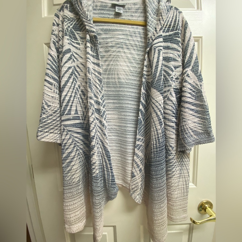 Catherine’s Women’s Blue and Beige Patterned Cardigan Sweater With Hood Size 2X